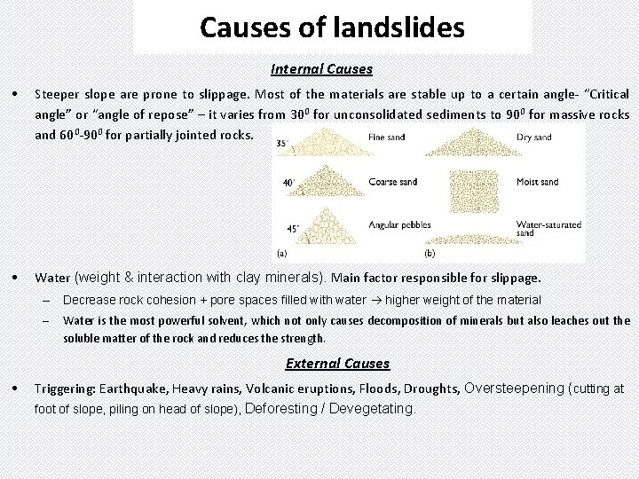 Causes of landslides Internal Causes • Steeper slope are prone to slippage. Most of