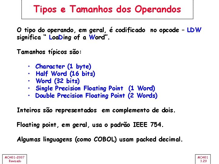 Tipos e Tamanhos dos Operandos O tipo do operando, em geral, é codificado no