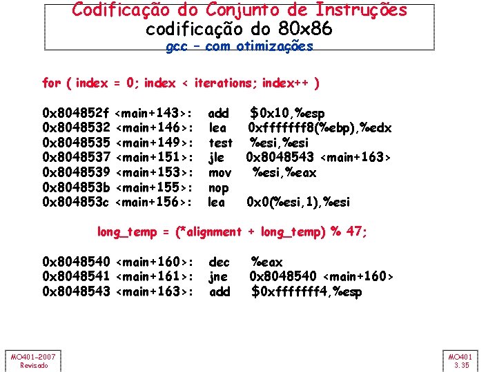 Codificação do Conjunto de Instruções codificação do 80 x 86 gcc – com otimizações