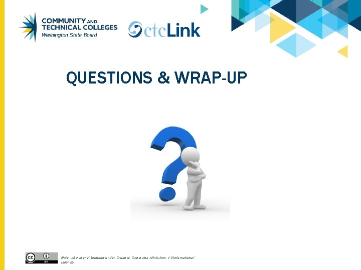 QUESTIONS & WRAP-UP Note: All material licensed under Creative Commons Attribution 4. 0 International