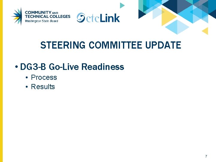 STEERING COMMITTEE UPDATE • DG 3 -B Go-Live Readiness • Process • Results 7