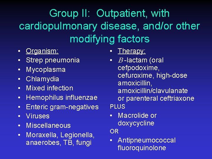 Group II: Outpatient, with cardiopulmonary disease, and/or other modifying factors • • • Organism: