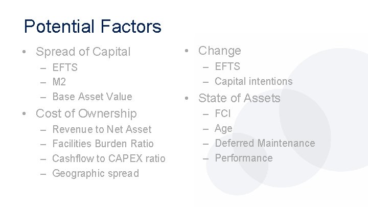 Potential Factors • Spread of Capital – EFTS – M 2 – Base Asset