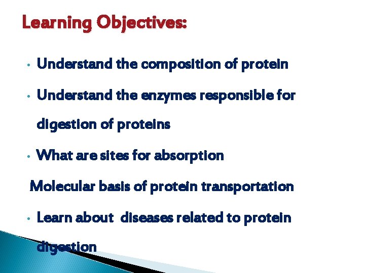 Learning Objectives: • Understand the composition of protein • Understand the enzymes responsible for