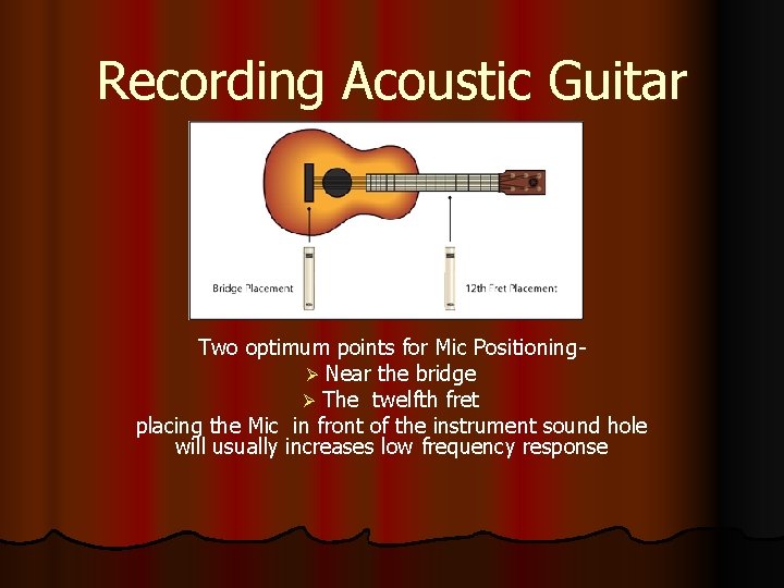 Recording Acoustic Guitar Two optimum points for Mic PositioningØ Near the bridge Ø The