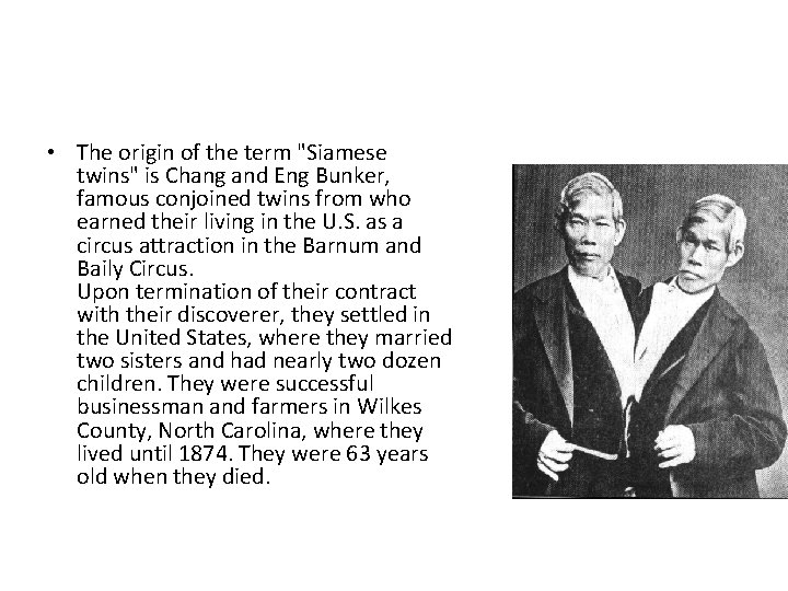 • The origin of the term "Siamese twins" is Chang and Eng Bunker, • The origin of the term "Siamese twins" is Chang and Eng Bunker,