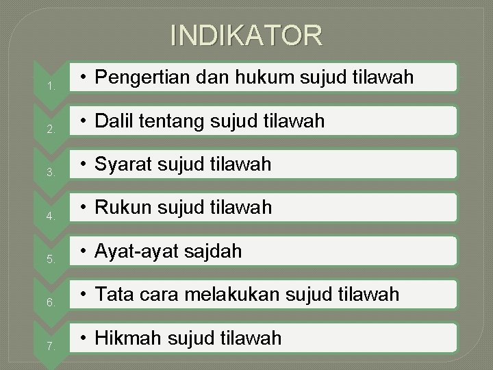 INDIKATOR 1. • Pengertian dan hukum sujud tilawah 2. • Dalil tentang sujud tilawah INDIKATOR 1. • Pengertian dan hukum sujud tilawah 2. • Dalil tentang sujud tilawah