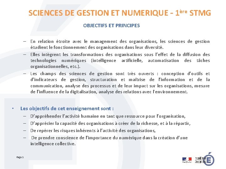 SCIENCES DE GESTION ET NUMERIQUE 1re STMG OBJECTIFS