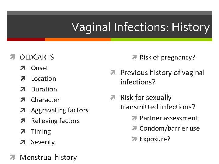 Vaginal Infections: History OLDCARTS Onset Location Duration Character Aggravating factors Relieving factors Timing Severity