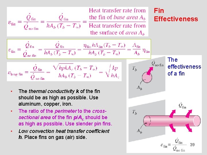 Fin Effectiveness The effectiveness of a fin • • • The thermal conductivity k