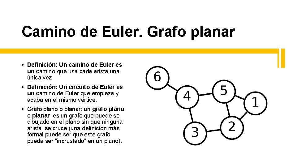 Camino de Euler. Grafo planar • Definición: Un camino de Euler es un camino Camino de Euler. Grafo planar • Definición: Un camino de Euler es un camino