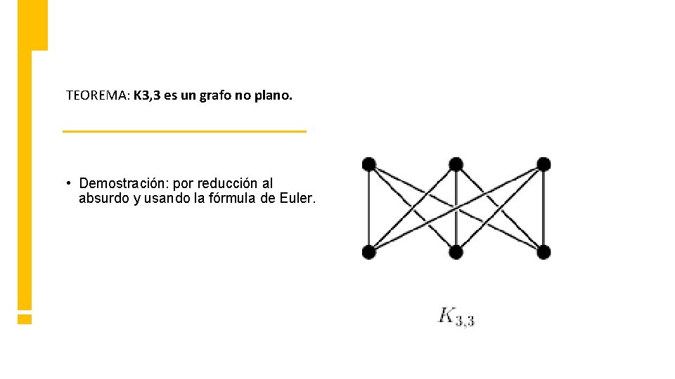 TEOREMA: K 3, 3 es un grafo no plano. • Demostración: por reducción al TEOREMA: K 3, 3 es un grafo no plano. • Demostración: por reducción al