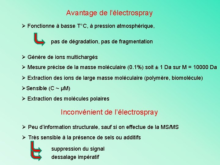 Avantage de l’électrospray Ø Fonctionne à basse T°C, à pression atmosphérique, pas de dégradation,