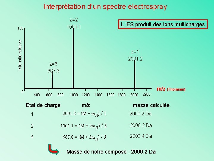 Interprétation d’un spectre electrospray z=2 1001. 1 Intensité relative 100 L ’ES produit des