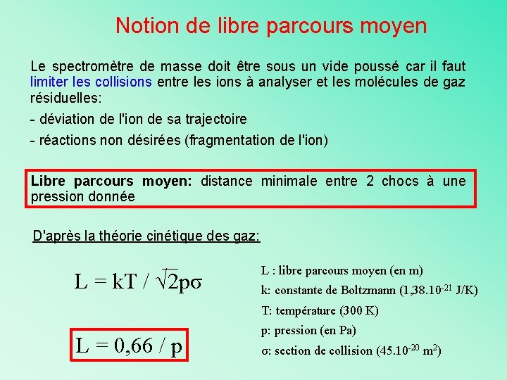 Notion de libre parcours moyen Le spectromètre de masse doit être sous un vide