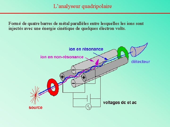 L’analyseur quadripolaire Formé de quatre barres de métal parallèles entre lesquelles ions sont injectés