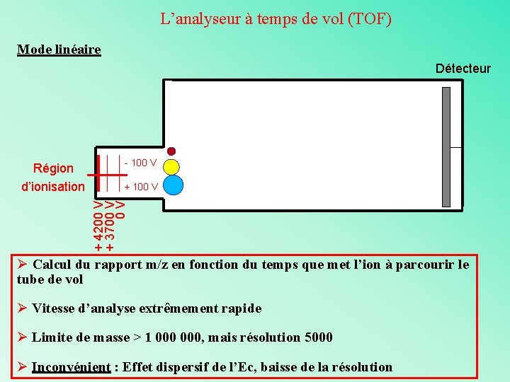 L’analyseur à temps de vol (TOF) Mode linéaire Détecteur - 100 V + 4200