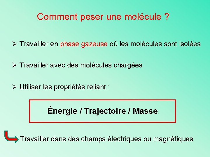 Comment peser une molécule ? Ø Travailler en phase gazeuse où les molécules sont