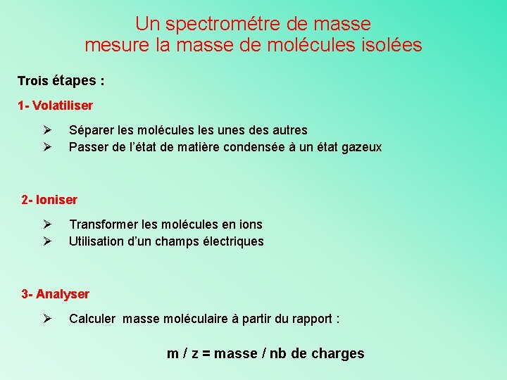 Un spectrométre de masse mesure la masse de molécules isolées Trois étapes : 1