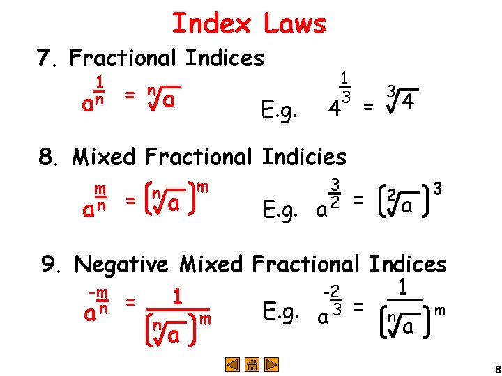 Index Laws 7. Fractional Indices 1 an = n a E. g. 1 3