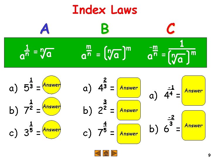 Index Laws A 1 an B =n a 1 3 3 a) 5 =
