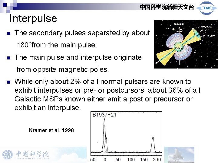 中国科学院新疆天文台 Interpulse n The secondary pulses separated by about 180°from the main pulse. n