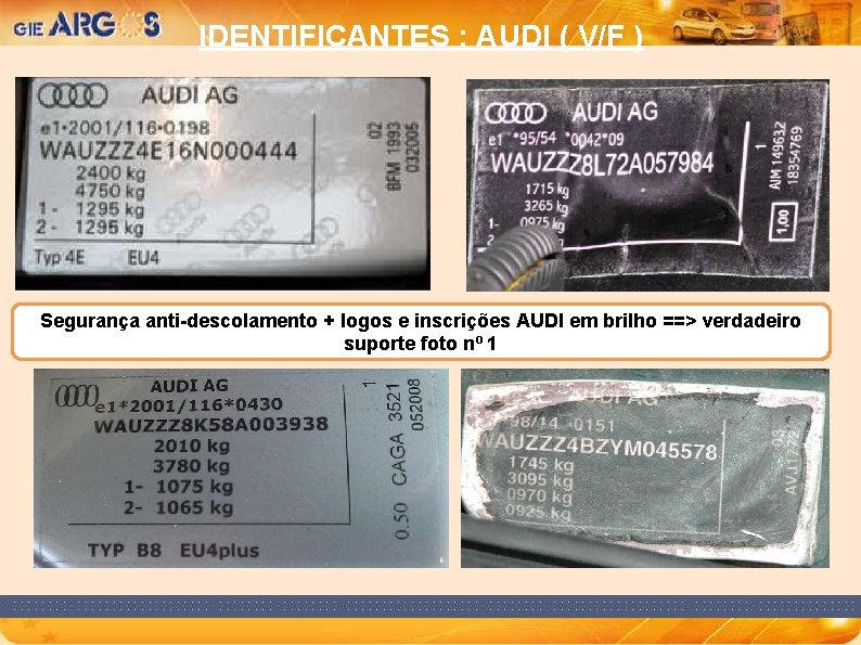 IDENTIFICANTES AUDI VF Segurana antidescolamento logos e inscries
