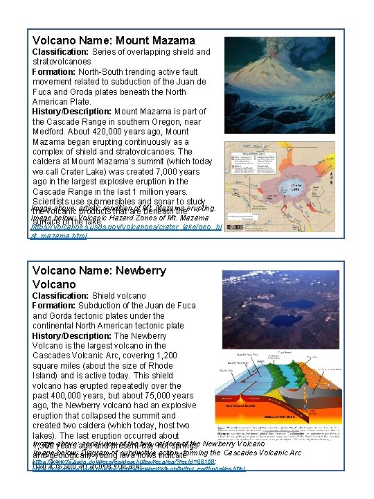 Volcano Name: Mount Mazama Classification: Series of overlapping shield and stratovolcanoes Formation: North-South trending