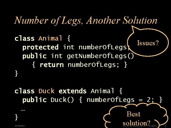 Number of Legs, Another Solution class Animal { Issues? protected int number. Of. Legs;