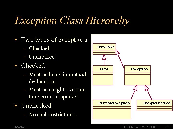 Exception Class Hierarchy • Two types of exceptions – Checked – Unchecked • Checked