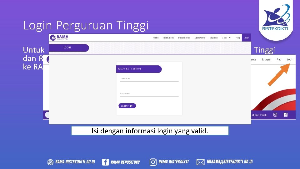 Login Perguruan Tinggi Untuk memudahkan sinkronisasi antara repositori Perguruan Tinggi dan RAMA maka PIC