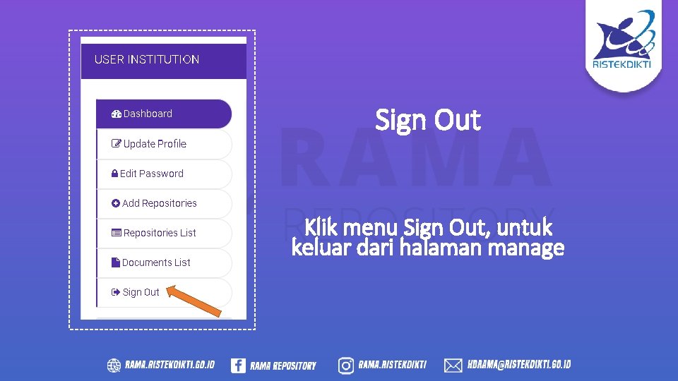 Sign Out Klik menu Sign Out, untuk keluar dari halaman manage 