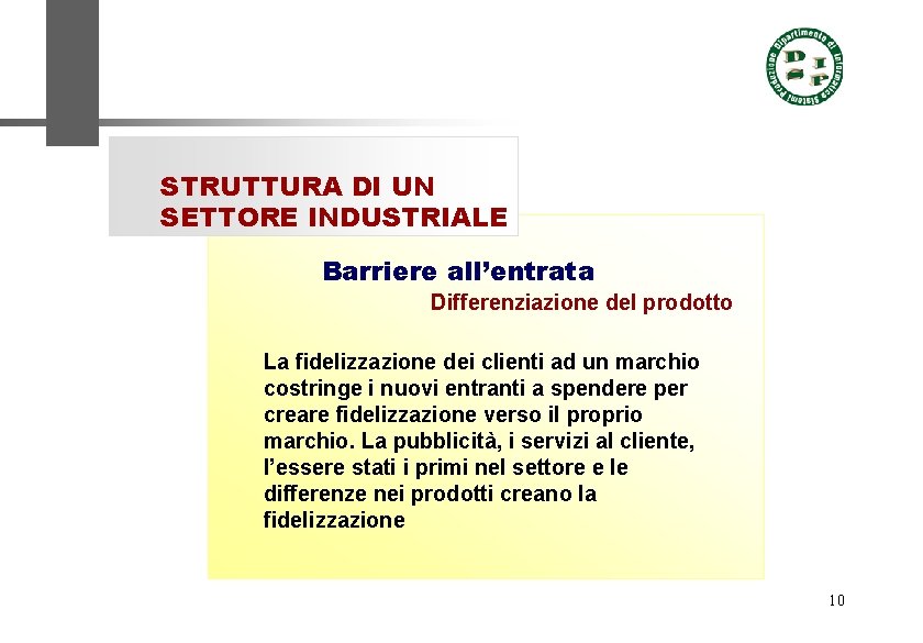 STRUTTURA DI UN SETTORE INDUSTRIALE Barriere all’entrata Differenziazione del prodotto La fidelizzazione dei clienti