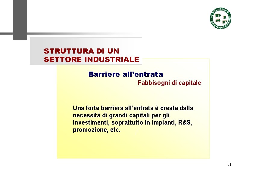 STRUTTURA DI UN SETTORE INDUSTRIALE Barriere all’entrata Fabbisogni di capitale Una forte barriera all’entrata