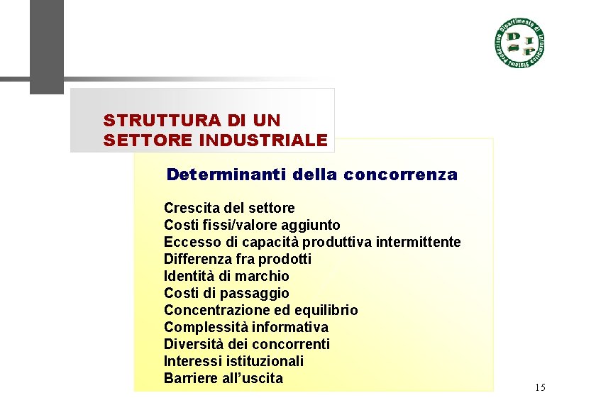 STRUTTURA DI UN SETTORE INDUSTRIALE Determinanti della concorrenza Crescita del settore Costi fissi/valore aggiunto