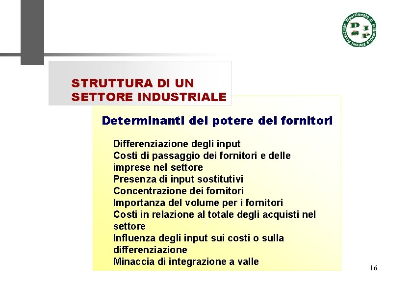 STRUTTURA DI UN SETTORE INDUSTRIALE Determinanti del potere dei fornitori Differenziazione degli input Costi