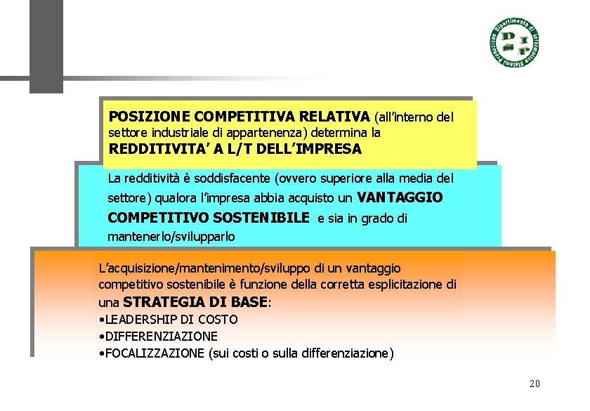 POSIZIONE COMPETITIVA RELATIVA (all’interno del settore industriale di appartenenza) determina la REDDITIVITA’ A L/T