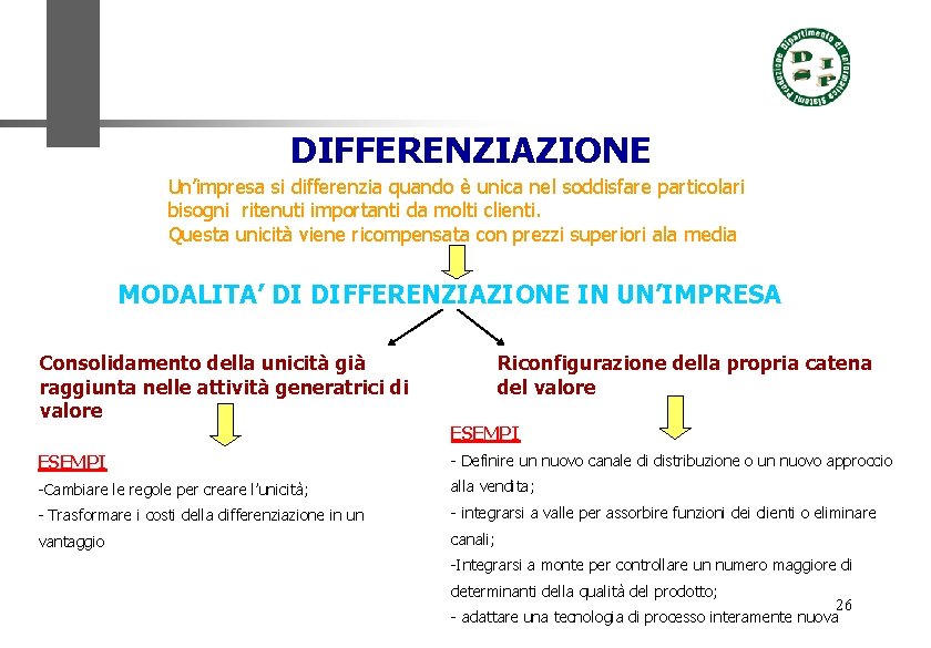 DIFFERENZIAZIONE Un’impresa si differenzia quando è unica nel soddisfare particolari bisogni ritenuti importanti da