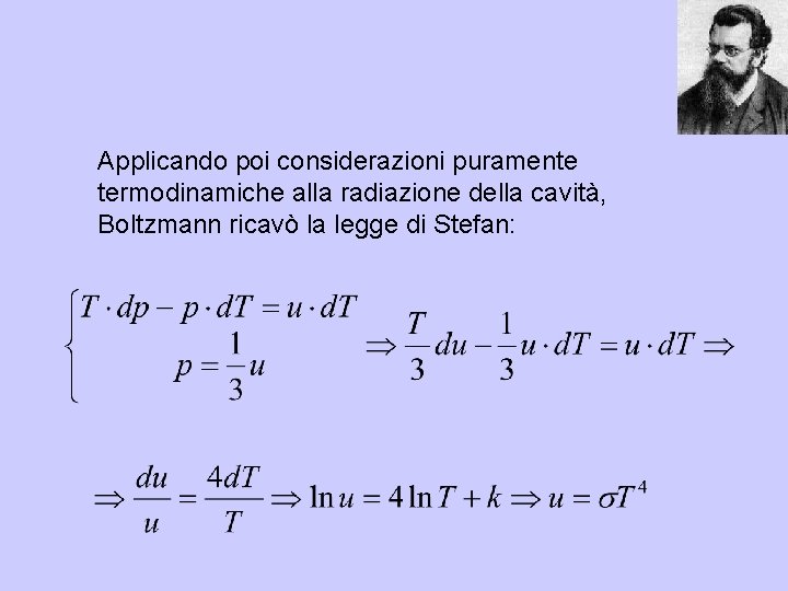 Applicando poi considerazioni puramente termodinamiche alla radiazione della cavità, Boltzmann ricavò la legge di