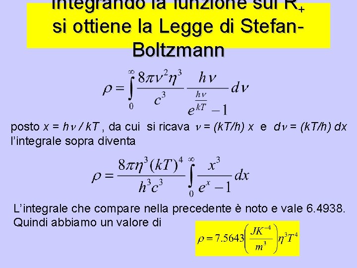 Integrando la funzione sul R+ si ottiene la Legge di Stefan. Boltzmann posto x