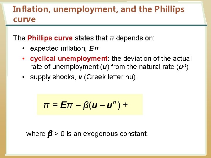 Inflation, unemployment, and the Phillips curve The Phillips curve states that π depends on: