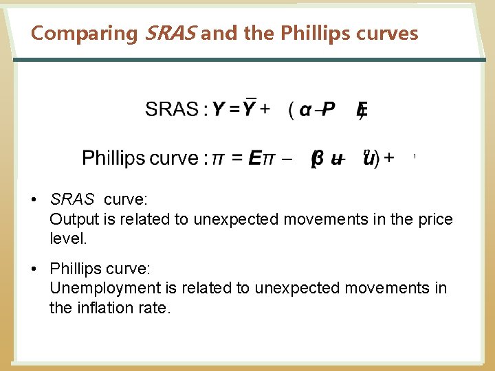 Comparing SRAS and the Phillips curves • SRAS curve: Output is related to unexpected