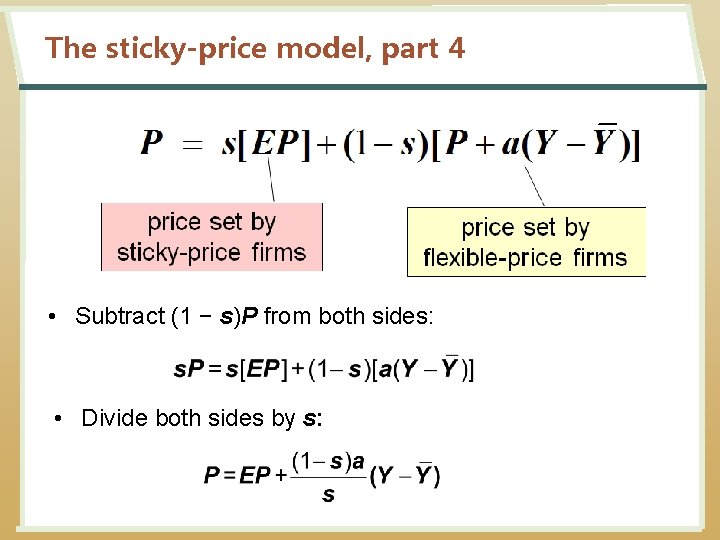 The sticky-price model, part 4 • Subtract (1 − s)P from both sides: •