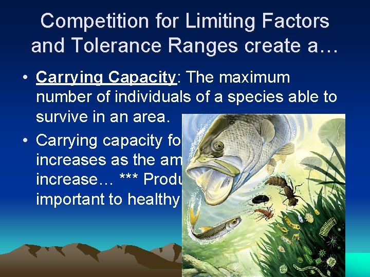 Competition for Limiting Factors and Tolerance Ranges create a… • Carrying Capacity: The maximum