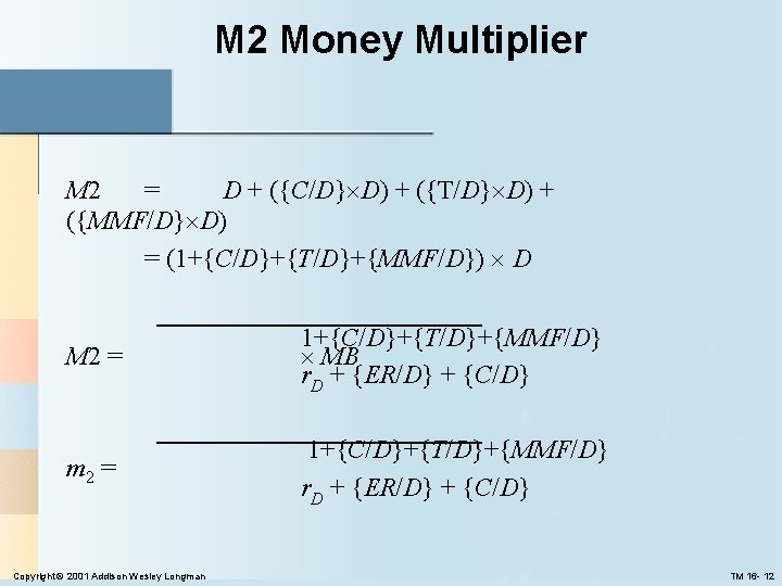 M 2 Money Multiplier M 2 = D + ({C/D} D) + ({T/D} D)
