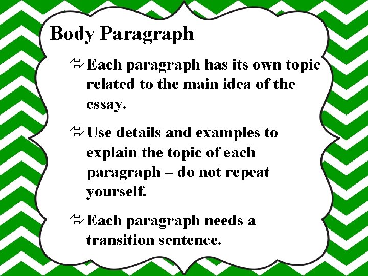 Body Paragraph Each paragraph has its own topic related to the main idea of