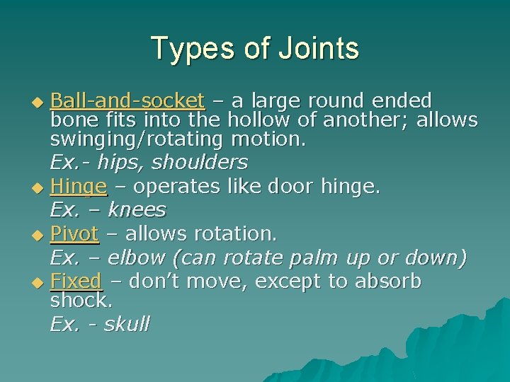 Types of Joints Ball-and-socket – a large round ended bone fits into the hollow