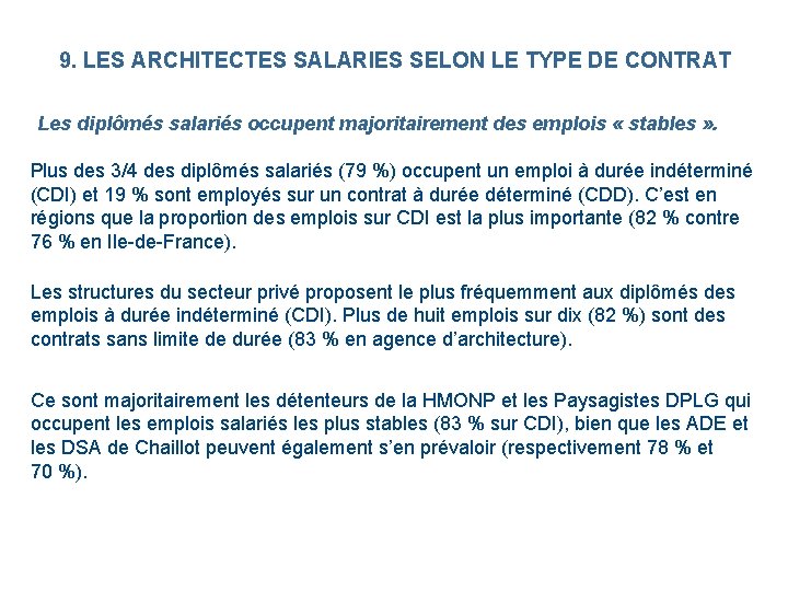 9. LES ARCHITECTES SALARIES SELON LE TYPE DE CONTRAT Les diplômés salariés occupent majoritairement