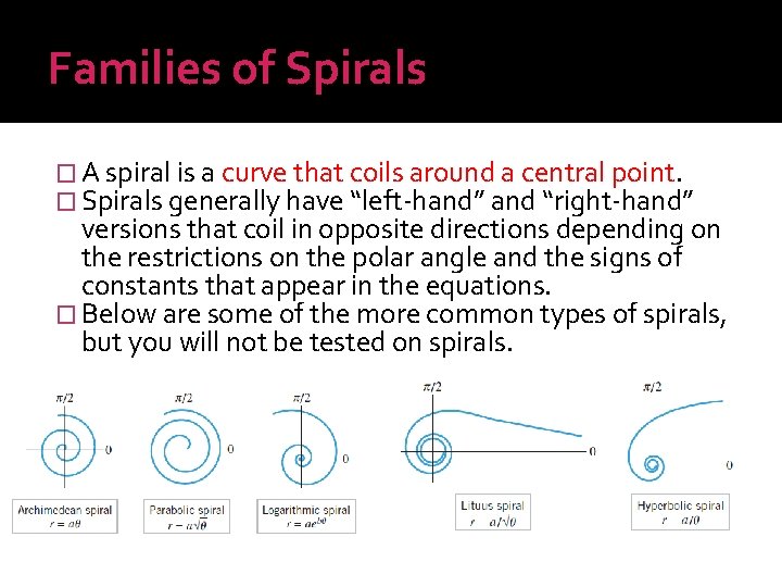 Families of Spirals � A spiral is a curve that coils around a central