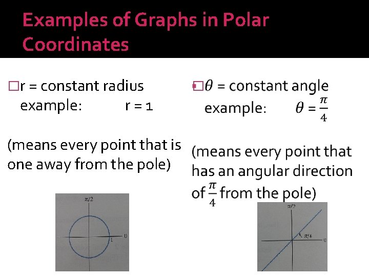 Examples of Graphs in Polar Coordinates �r = constant radius example: r=1 (means every